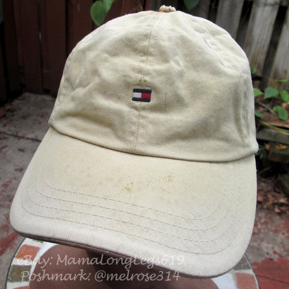Vintage 1990s Distressed Beat Up Tommy Hilfiger Leather Strapback Hat Cap Worn